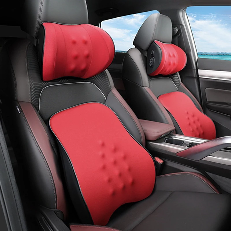 

2PCS Car Massage Pillow Lumbar Pillow Universal Headrest Seat Back Support Relieve Fatigue Auto Neck Support Red