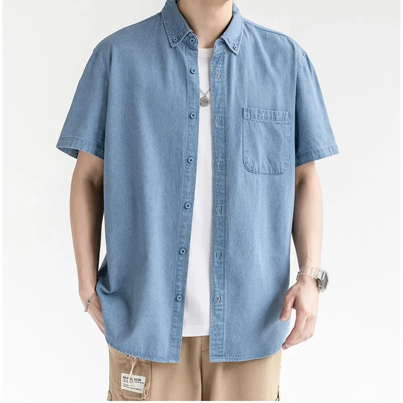 

New 2023 Blue denim shirt men summer Oversized Short Sleeve Jean High Quality Cotton Light Blue Plus size