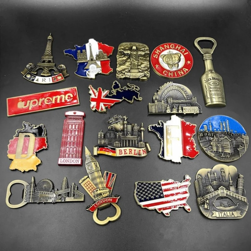 

France USA Italy Travelling Souvenirs Metallic Fridge Magnets Metal Bottle Opener Magnetic Stickers for Message Board Home Decor