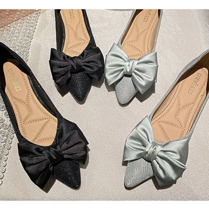 Size33-43 Women Pointed Toe Flats Pumps Bowknot Decoration Wedding Girl Party Shoes Soft Soles Slip on Loafers Office Lady Shoes