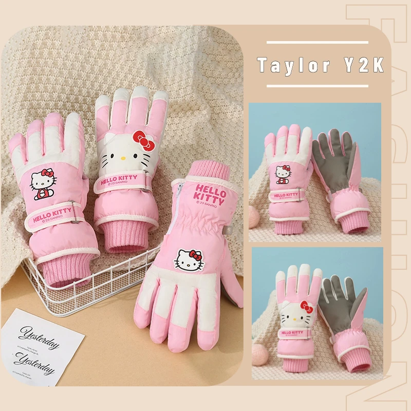 

Sanrio Hello Kitty Gloves Cartoon Anime Y2K Girls Warm Anti Slip Five Finger Mittens Kawaii Plush Thickened Ski Gloves Winter