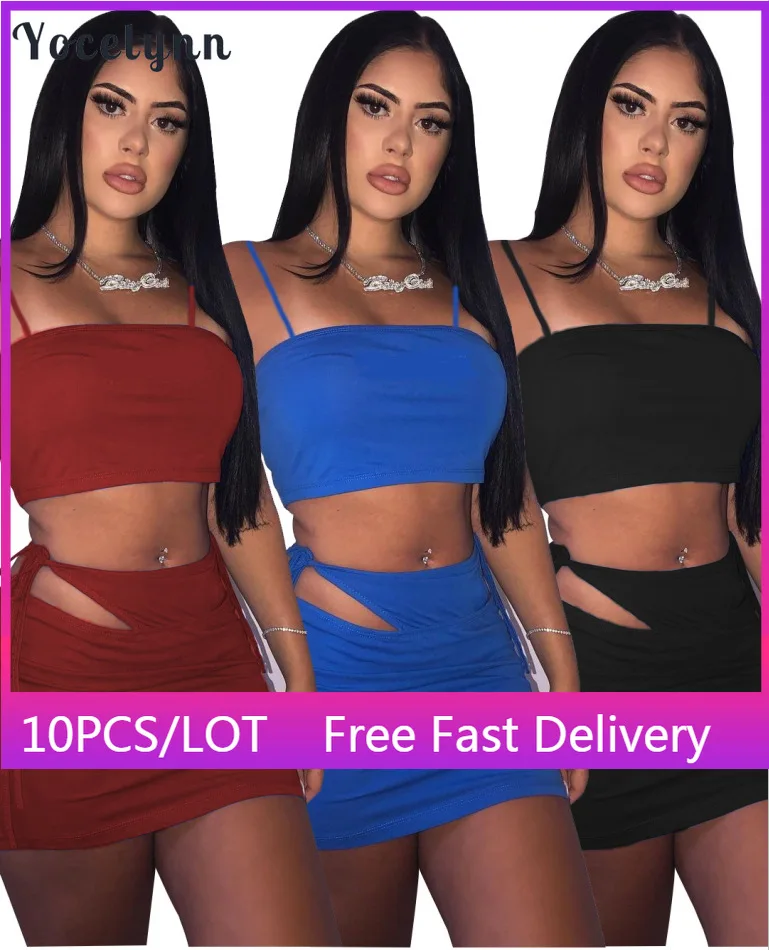 

10PCS Wholesale Items In Bulk Sexy Club Outfits Women Spaghetti Strap Tops and Bandage Hollow Out Two Piece Skirts Sets Summer