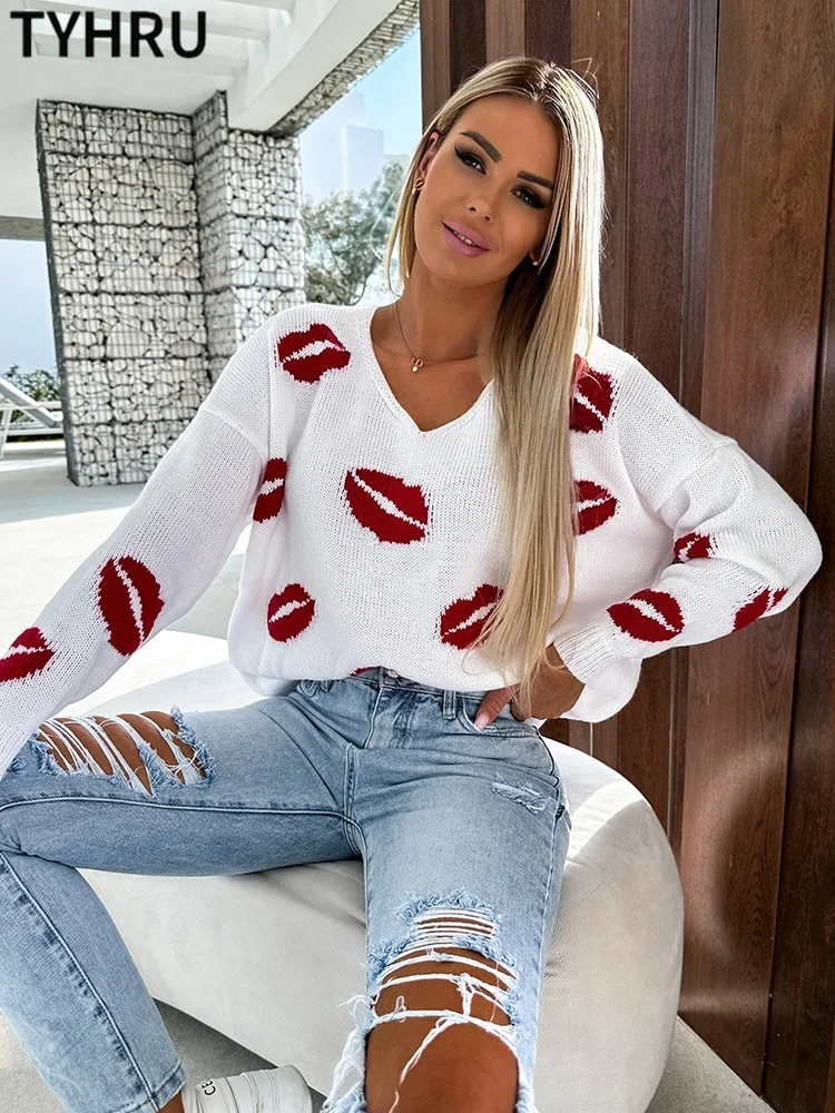 

TYHRU Women's Lips Pattern Knitted V-Neck Loose Casual Pullover Long Sleeve 2023 New Ladies Sweater Knitwear Tops