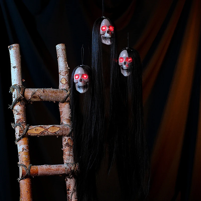 Хэллоуин подвесной Призрак Череп с длинными волосами светящиеся глаза Ужас
