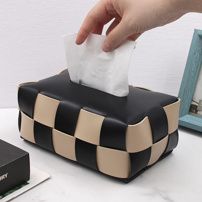 

PU Leather Car Tissue Box Napkin Paper Holder Luxury Weave Toilet Paper Tissue Case Living Room Storage Box Home Hotel Decor