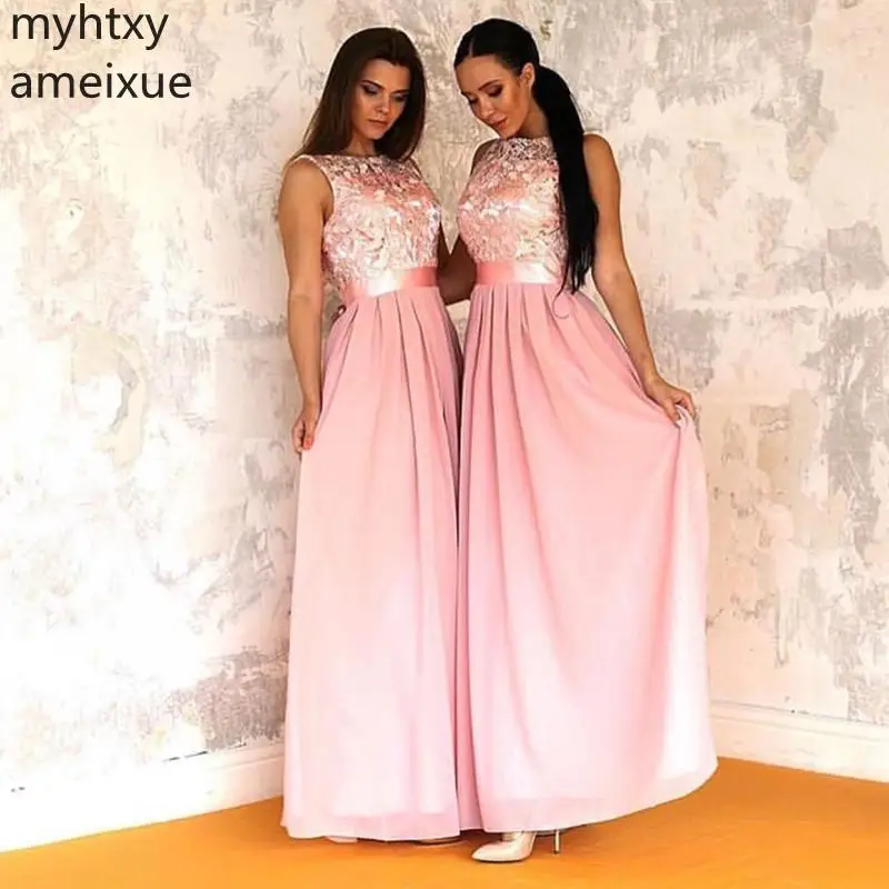 

Sexy 2023 Blush Pink Plus Size Prom Dresses Jewel Neck Venica Lace Top Skirt Long Country Maid Of Honor Wedding Formal Party