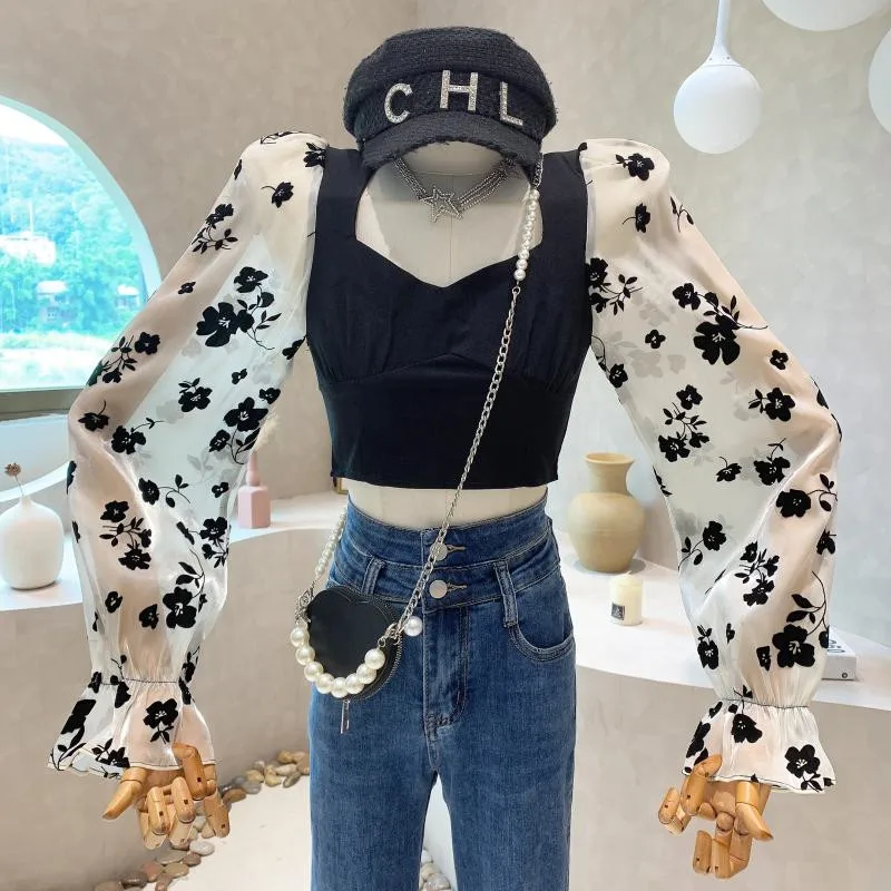 

New Women's Clothing 2022 Autumn Flower mesh splicing Vintage chiffon shirt Lantern puff long sleeve top blouses feminina