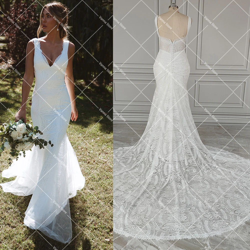 

Boho Allover Lace Open Back Mermaid Wedding Dress Custom Made V Neck Fit and Flare Outdoor Backless Elgant Garden Bridal Gown
