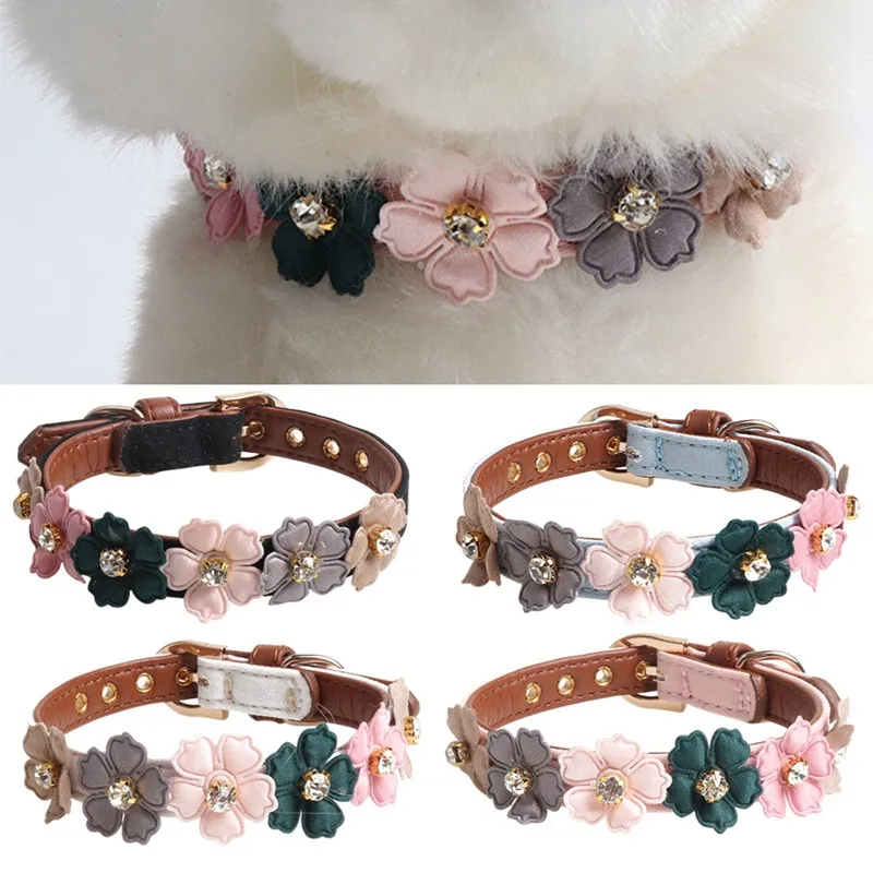 

Dog Flower Collar Cute Shiny Diamonds Pu Leather Dog Collar Retractable Leash Smal Pet Kitten Collars Puppy Accessories Perritos