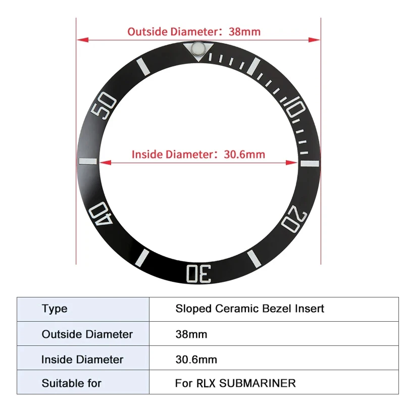 Sloped ceramic bezel insert 38*30.6mm Sub style Luminous pip at 12 For Rlx SUBMARINER MOD watch parts