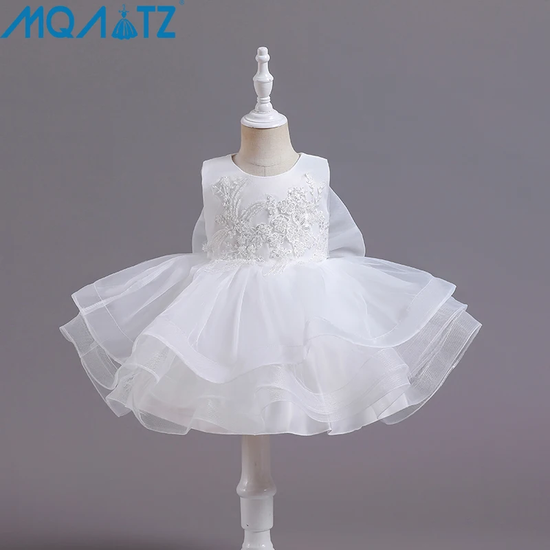 

MQATZ Baby Girl Clothes1 Year Kids Tutu White Flower Beading Christening Princess Toddler Birthday Party Children Summer Dress