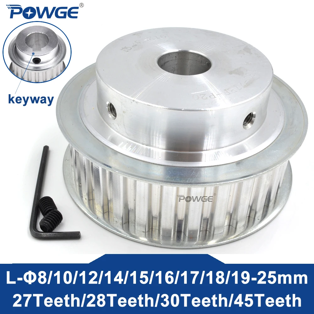 Фото POWGE 27 28 30 45 teeth L Timing Pulley Bore 14/15/16/17/18/19/20/22/24/25/28/30mm for Belt width 13/20/25mm 27T 28T 30T 45T №1