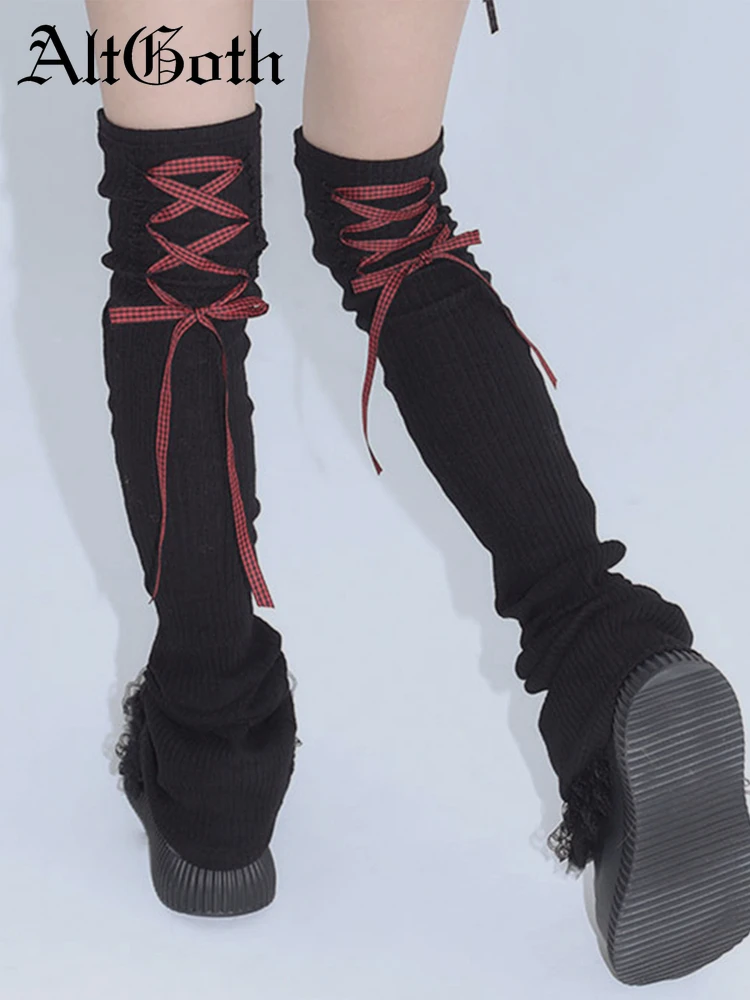 

AltGoth Sweet Cute Lolita Calf Socks Women Pastel Goth Y2k E-girl Bow Bandage Stocking Streetwear Harajuku Emo Alternative Socks