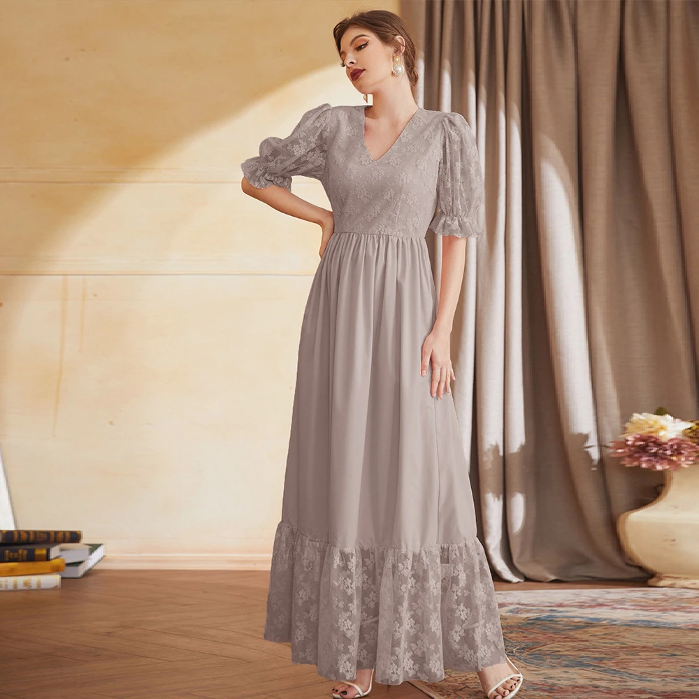

2023 Women Lantern Sleeve Maxi Dress Mesh Embroidery Party Gown Dubai Abaya Turkey Kaftan Summer V-Neck Evening Dresses Vestidos
