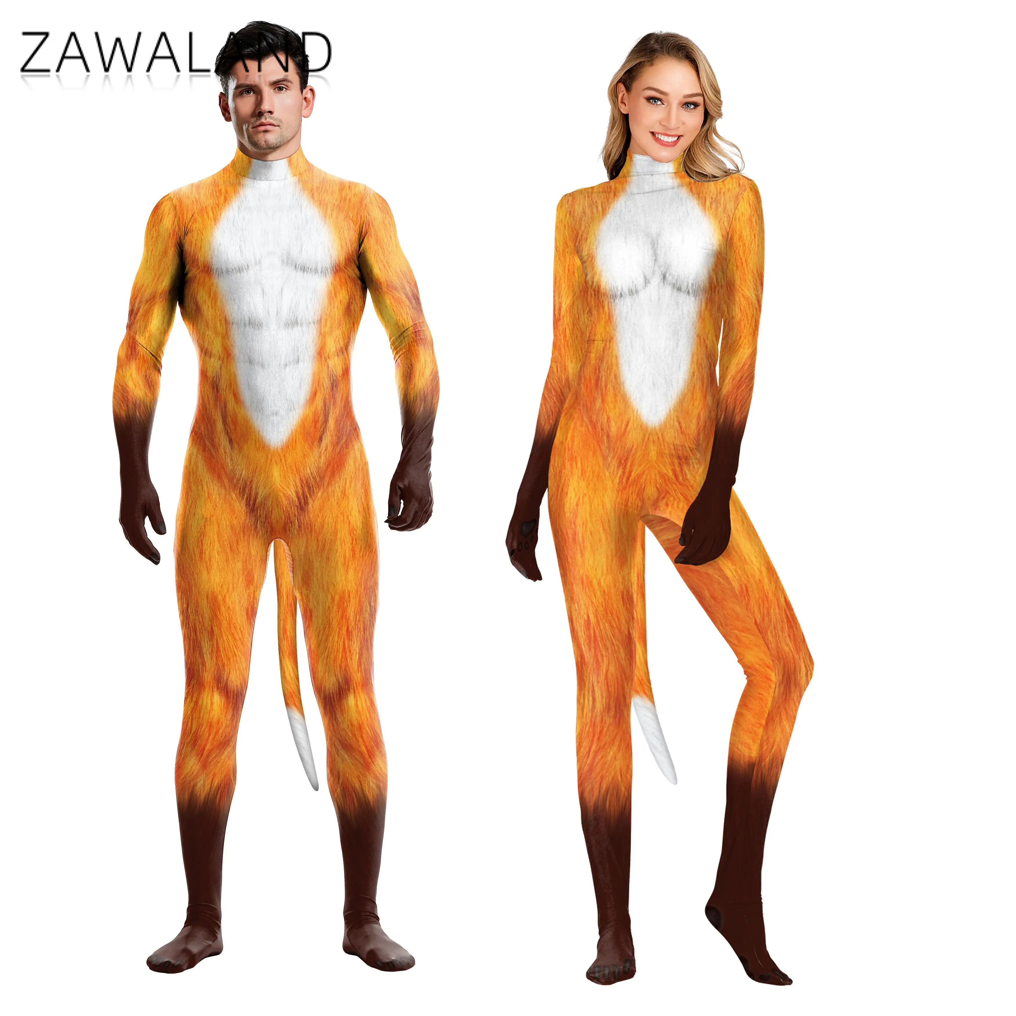 

Zawaland Animal Catsuits 3D Fox Printed Adult Whole Cosplay Costumes Zentai Suit Clothing Unisex Bodysuit with Tail Outfits