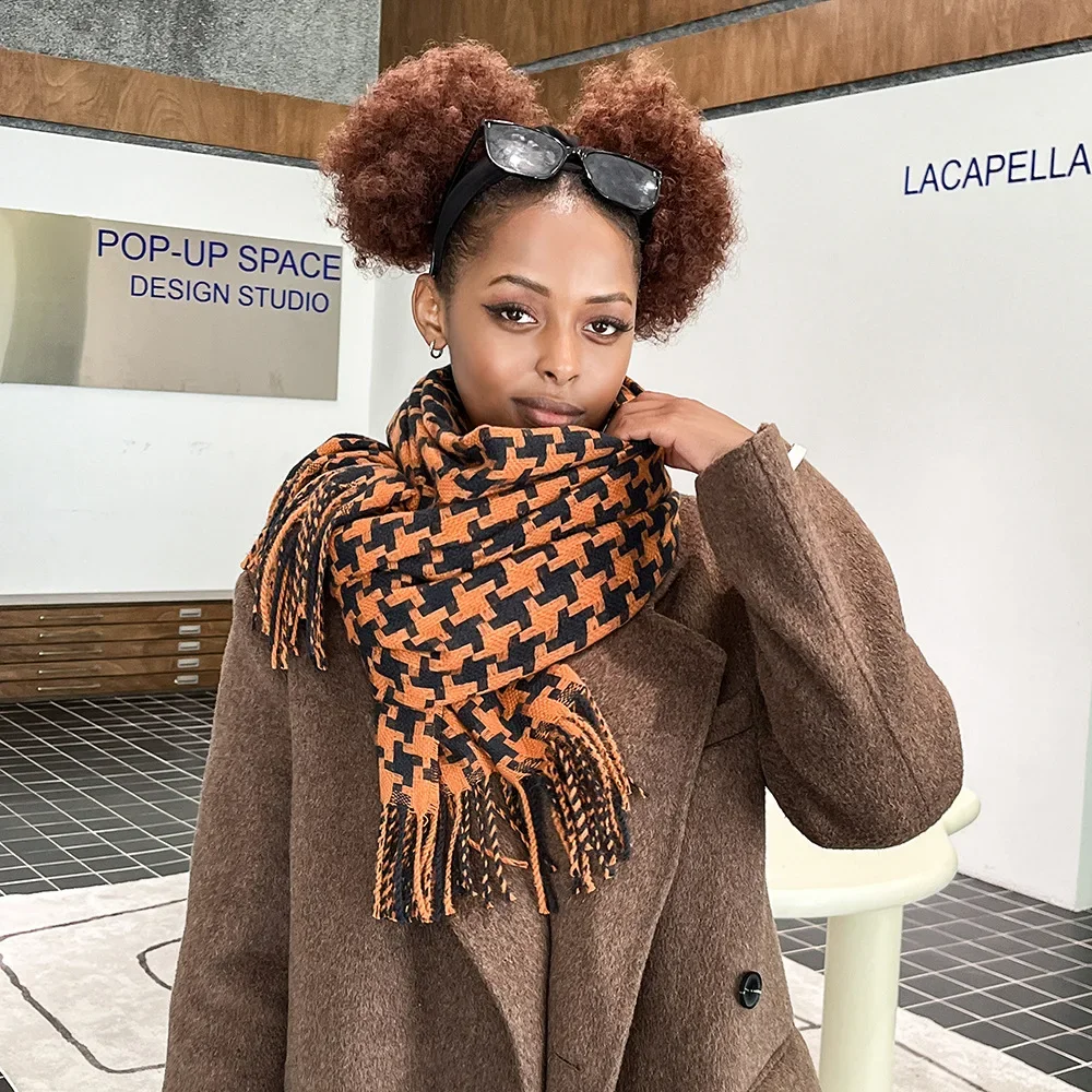 

Faux Cashmere Scarf Women Elegant Vintage Houndstooth Long Shawl Stole for Lady Outdoor Warm Kerchief 200*70cm