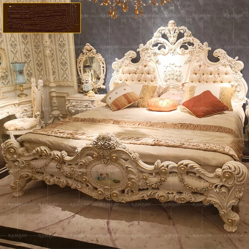 

Роскошная тканевая кровать во французском дворцовом стиле, европейская цельная деревянная резная вилла, спальня, королева, принцесса