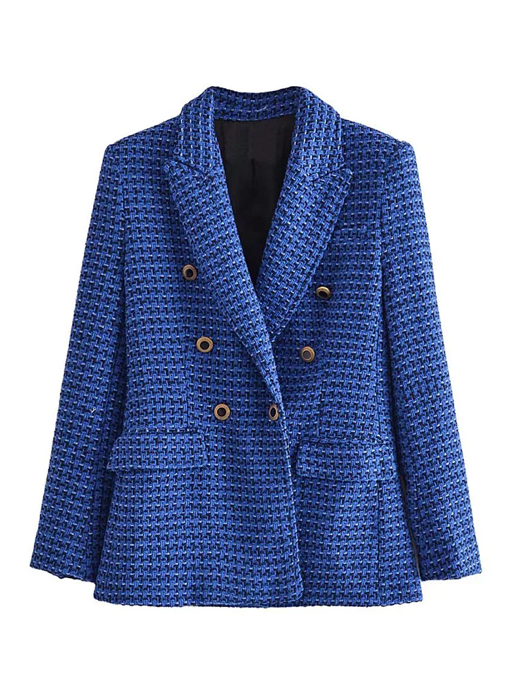 

PB&ZA 8455106 Women jacket 2022 Fashion Double Breasted Tweed Check Blazer Coat Long Sleeve Pockets Female Outerwear 8455/106