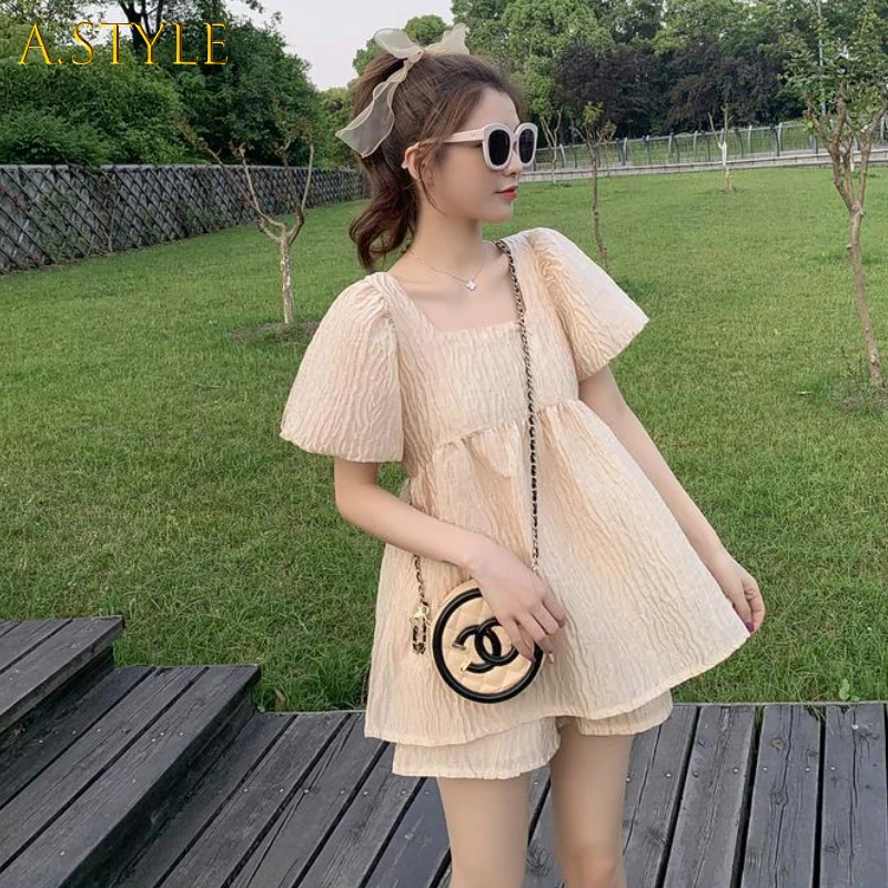 

Sets Women Tops and Shorts Puff Sleeve Solid Elegant Holiday Outfit Tender Ladies Ulzzang Chic Charming Stylish Square Collar