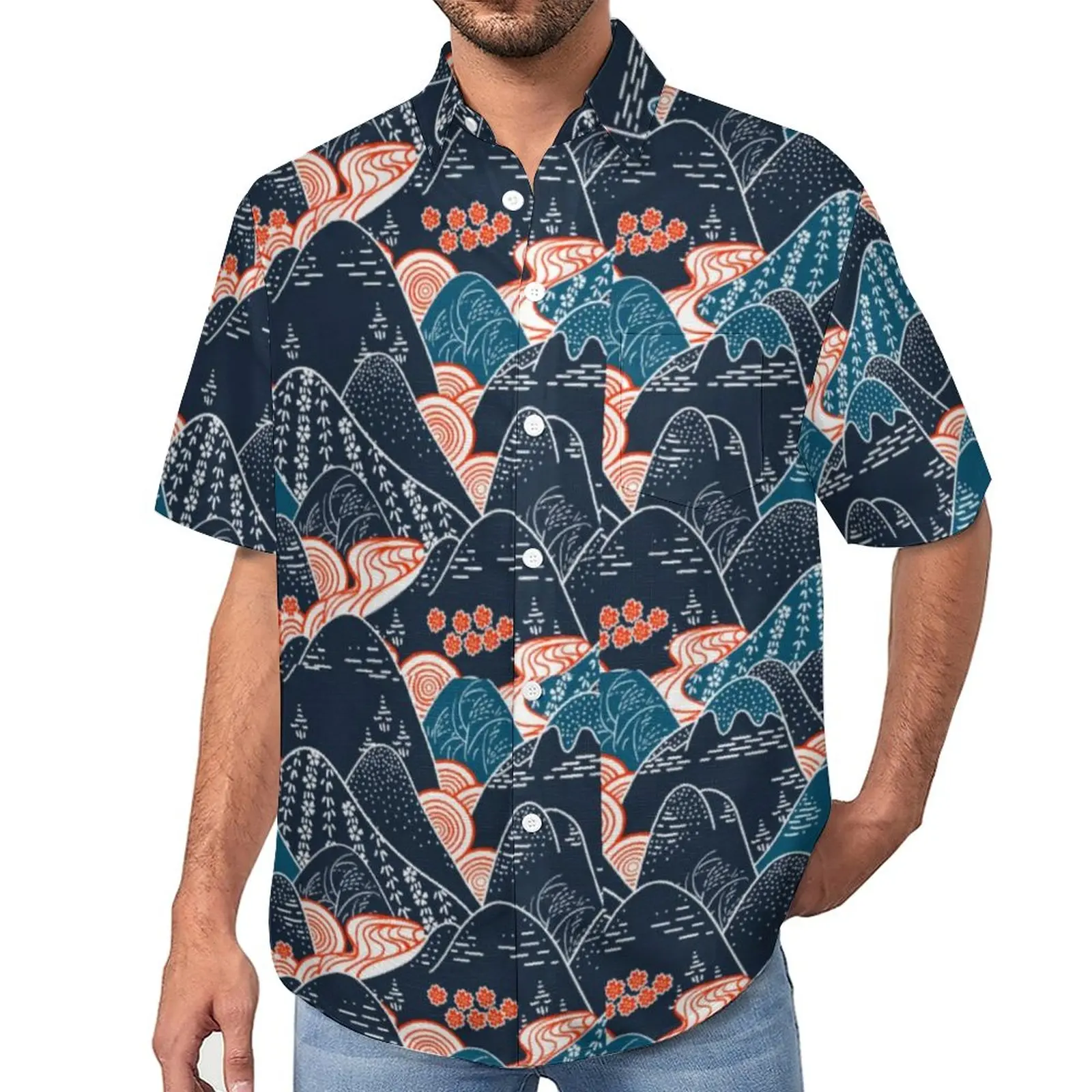 

Mountains Kimono Art Blouses Men Japanese Traditional Landscape Casual Shirts Hawaii Short-Sleeve Aesthetic Oversize Beach Shirt