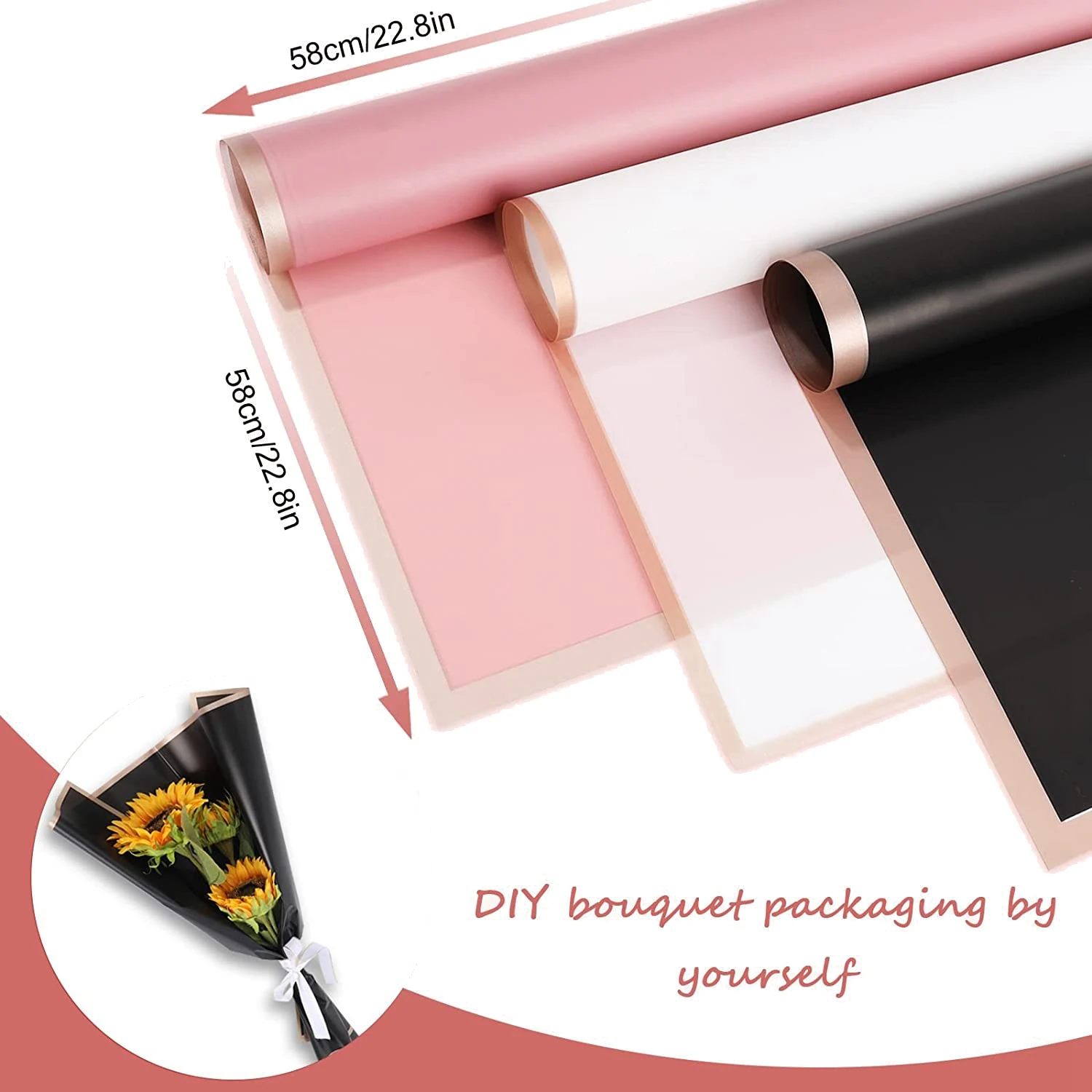 

60 Floral Wrapping Paper Pink Black White Waterproof Flower Bouquet Wrapping Paper with Gold Border