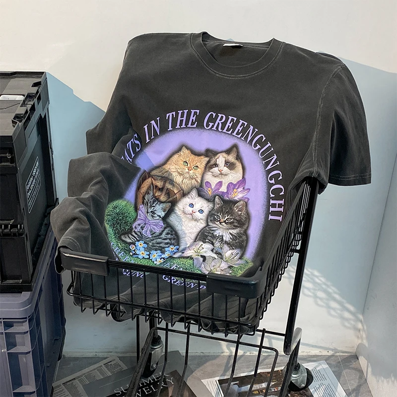 

Футболка женская оверсайз с принтом кота, милая уличная одежда в Корейском стиле, хлопковая футболка с графическим принтом в стиле Харадзюк...