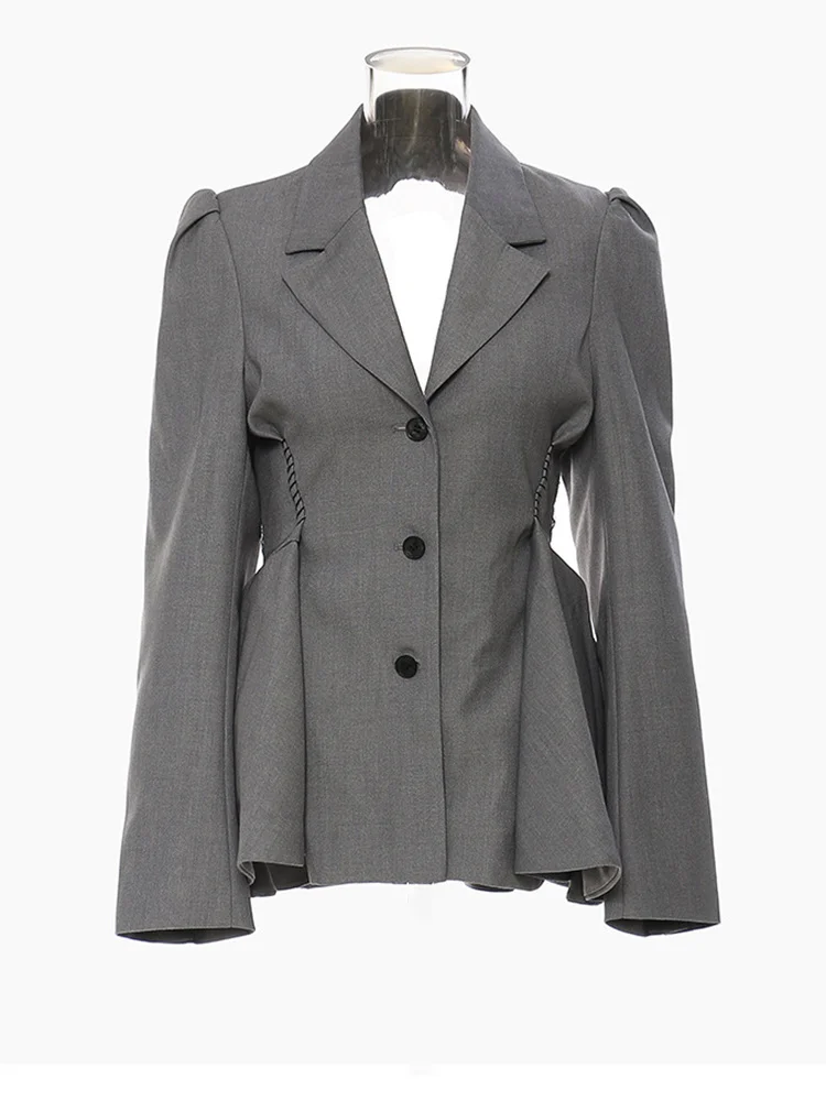 Women Gray Backless Mesh Ruffles Elegant Blazer Lapel Long Sleeve Suit Loose Fit Jacket Fashion Coats Autumn 2022 New G778