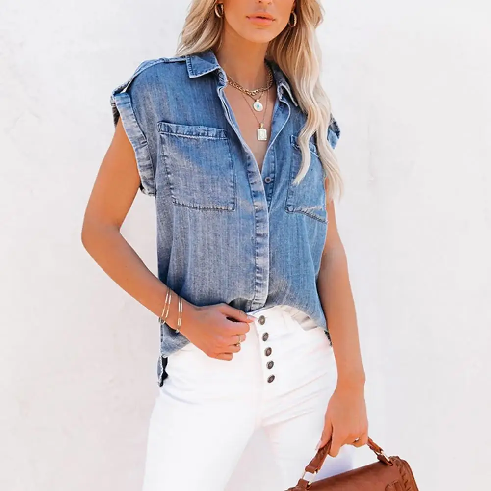 

Multifunctional Trendy Sleeveless Pocket Single-Breasted Denim Shirt Universal women's summer shirt sleeveless outdoor