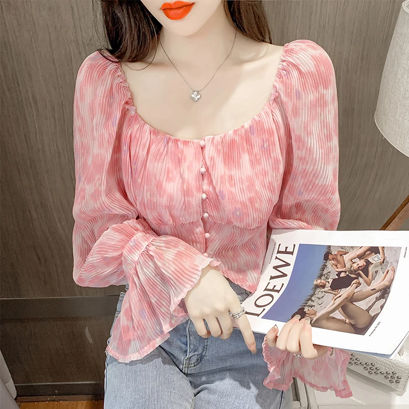 

Блузка женская шифоновая с длинным рукавом и принтом, осень 2022