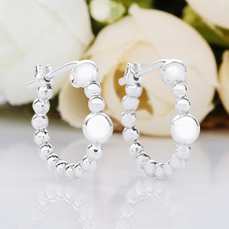 

Authentic 925 Sterling Silver Sparkling String Of Silver Beads Stud Earrings For Women Wedding Gift Fashion Jewelry