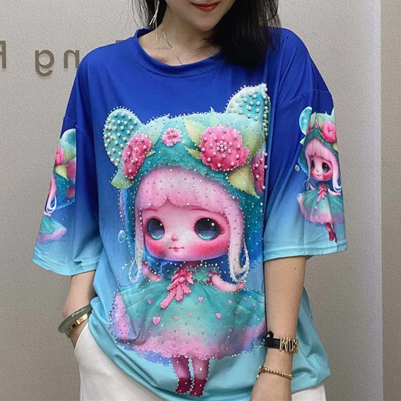 

Nice Printing T-shirt Luxury Beading Colorful Diamonds Girl Pattern All-match Basic Tops for Women Summer Loose Clothing SY2568