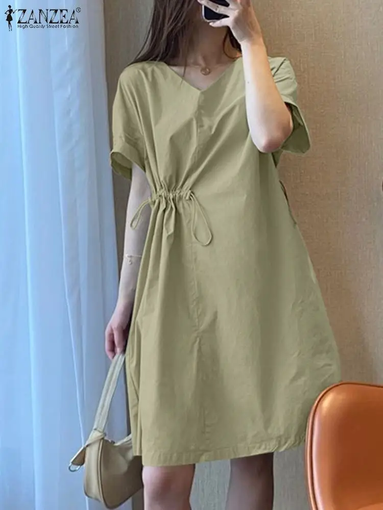 

Женское летнее платье ZANZEA, повседневные свободные рабочие платья, однотонное платье длиной до колен, женское платье с V-образным вырезом, яркие праздничные платья