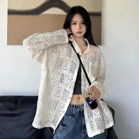 xej vintage shirts women long sleeve summer womens shirts 2022 hollow out elegant and youth woman blouses cardigan for women