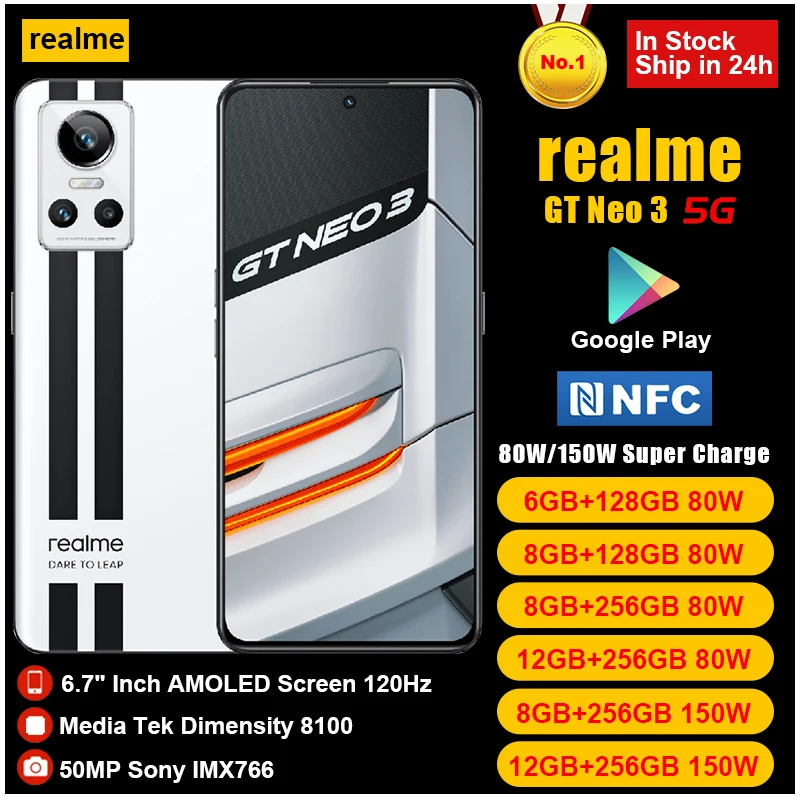 realme gt neo 3 5g mobile phone 80150w super charge dimensity 8100 smartphone 120hz amoled screen 4500mah nfc game cellphone free global shipping