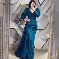 romantic blue sequin evening dress v neck full sleeves sweep train long prom gowns for special party women vestido de festa 2022