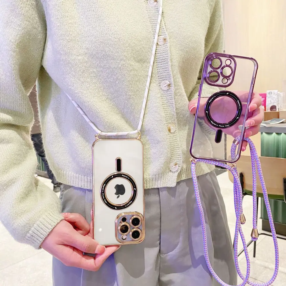 

Роскошные гальванические Чехлы Magsafe с ремешком для iphone 14 13 11 12 Pro Max, чехол с беспроводной зарядкой, магнитный противоударный мягкий чехол