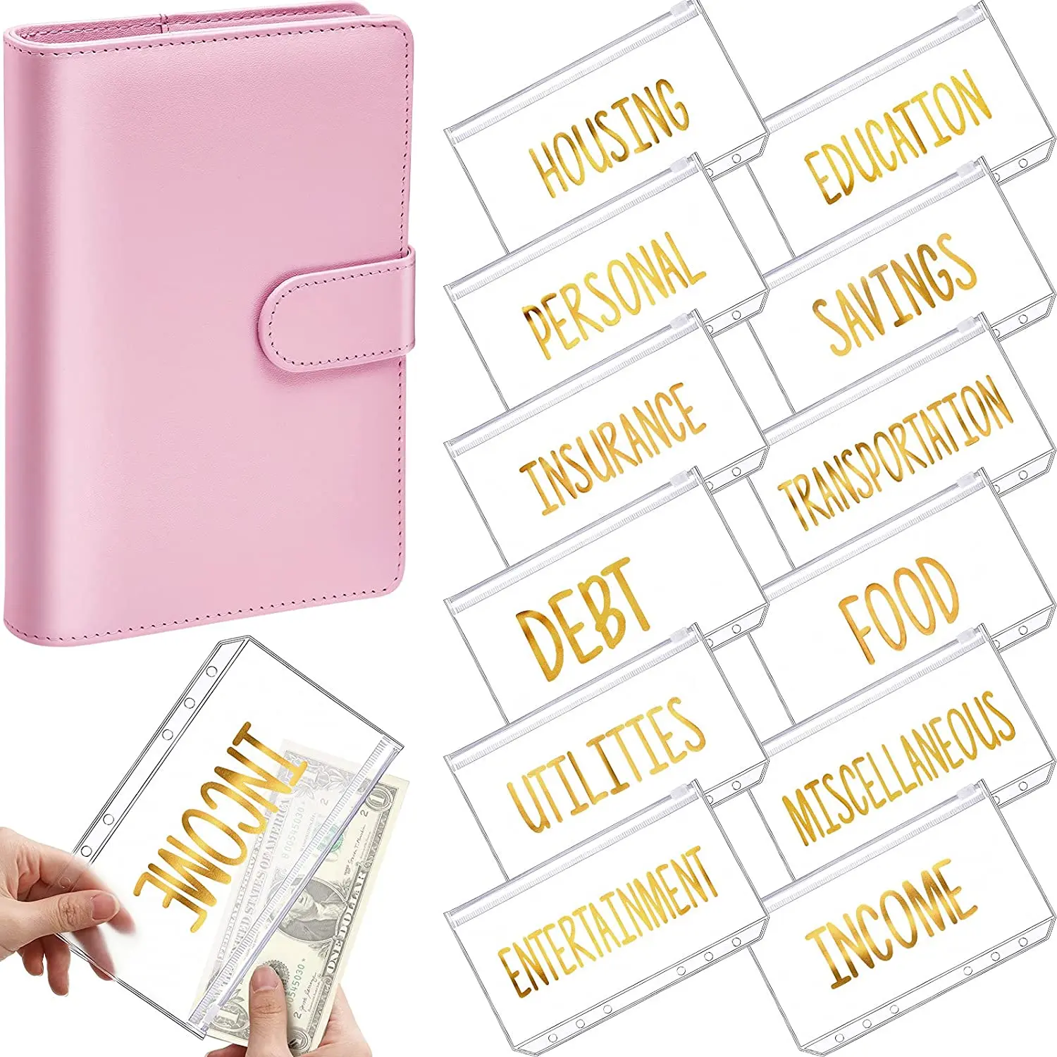 

A6 PU Leather Budget Binder Cash Envelope Organizer Personal Wallet 12 Gold Letter Zipper Pockets Folders Planner Saving Money