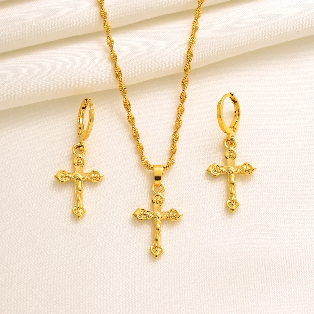 

Fashion Cross Jewelry Gold Girls Brida Jewelry Set for Women Necklace Earrings Set Party Accessories Dubai India Africa Gift