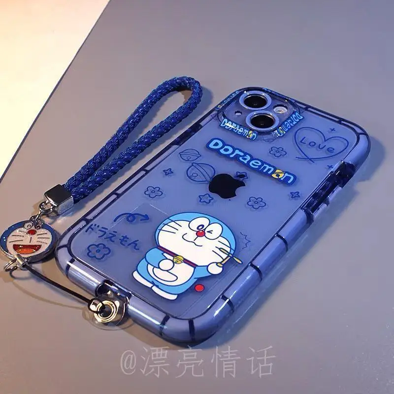 

Cute Doraemon Luminous with lanyard luxury phone case for iPhone 11 12 Pro XR XS Max X 7 8 Plus 13 glow Transparent cover capa