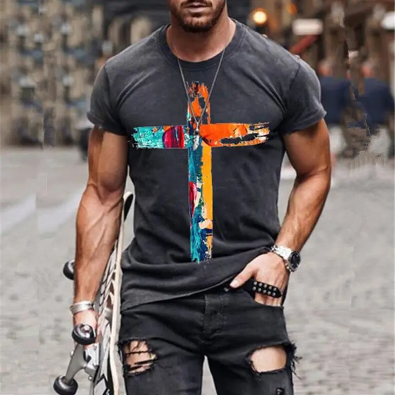 

Men's Oversized Vintage Short Sleeve T Shirts 2023 Summer New Fashion Harajuku Colorful Cross Printed O Collared Tshirts For Men