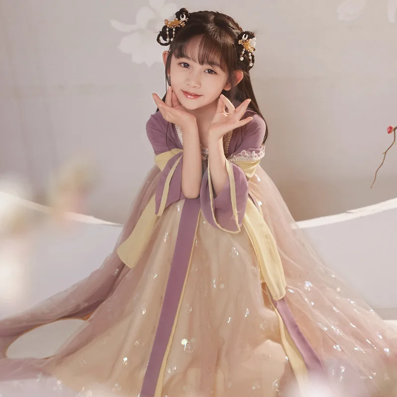 

Платье Hanfu в китайском стиле с фиолетовой вышивкой и блестками, костюм Тан для девочек, сказочный костюм для косплея