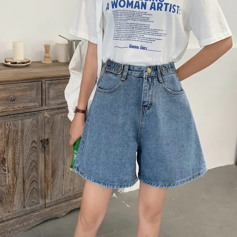 2023 Summer Vintage Women High Waist Button Wigh Leg Knee-Lenght Jeans Shorts Korea Chic Casual Female Loose Blue Denim Shorts