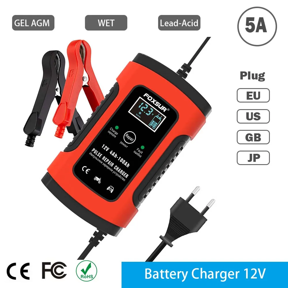 

Battery Charger 12V 5A Car Motor GEL AGM WET Lead Acid Batteries Repair Deep Cycle EU USA UK JP Plug Charging Electric Batteries