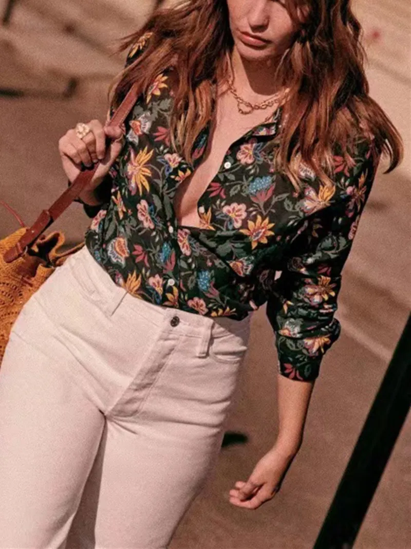 

Новинка 2023, Женская французская рубашка с цветочным принтом, Женская однобортная шелковая хлопковая блузка с длинным рукавом, топы с отложным воротником