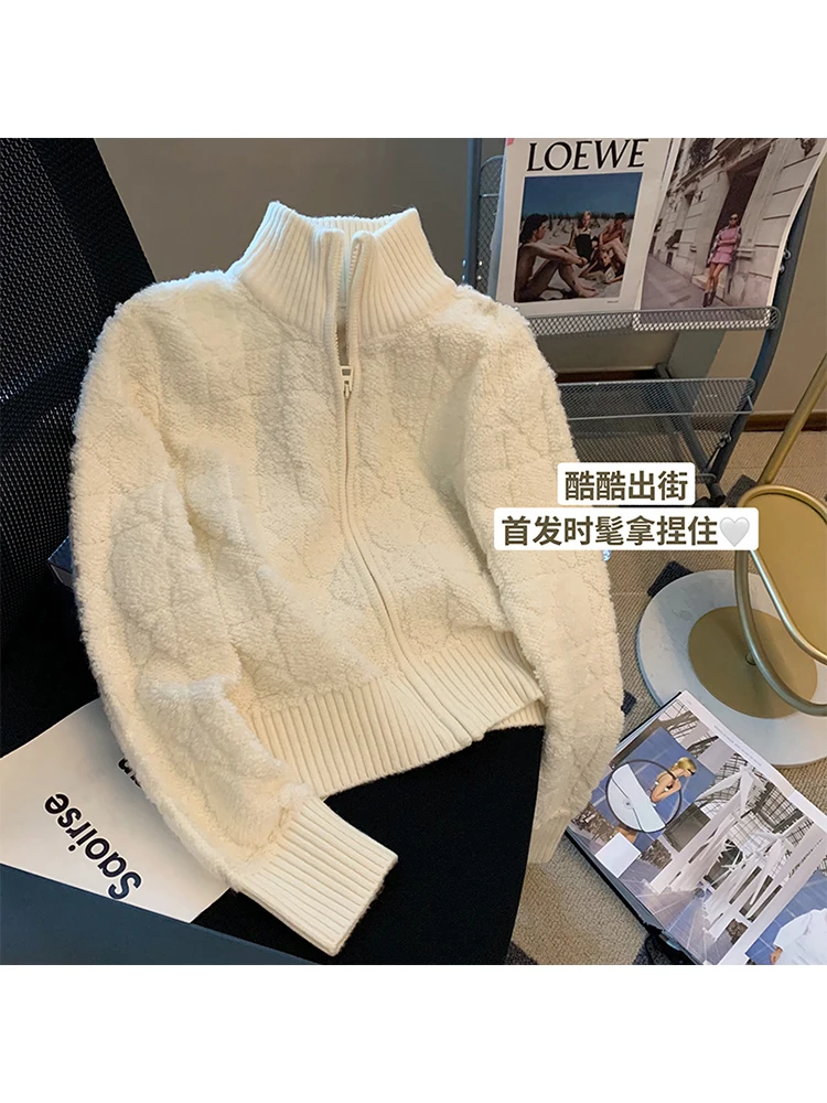 

Vintage White Patchwork Women Autumn Winter Warm Knitwear Baggy Long Sleeve Turtleneck Argyle Plush Knit Cardigan Sweater Chic