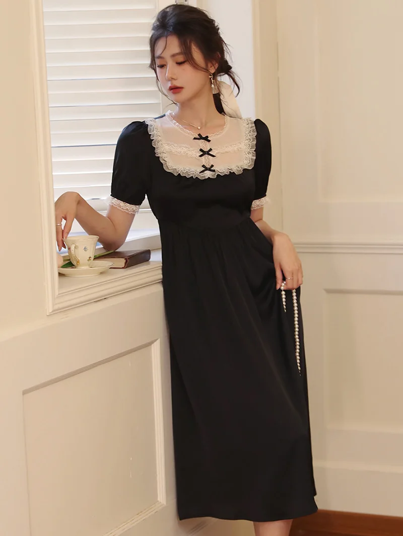 French Hepburn Nightgown for Women Summer Silk Nightgowns Ruffles Black Dress Sexy Lace Victorian Pajamas Sleepwear Homewear