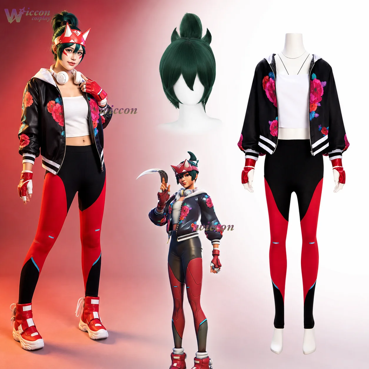 Фото Костюм для косплея Кироко из игры Overwatch 2 от YNotCos: новый модный женский комплект, состоящий из куртки, обтягивающих брюк, шляпы и аксессуаров, униформа для Хэллоуина. №1