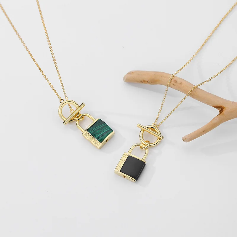 

Silvology 925 Sterling Silver Black Agate Malachite Letter Lock Pendant Necklace for Women OT Long Necklace Stylish Fine Jewelry