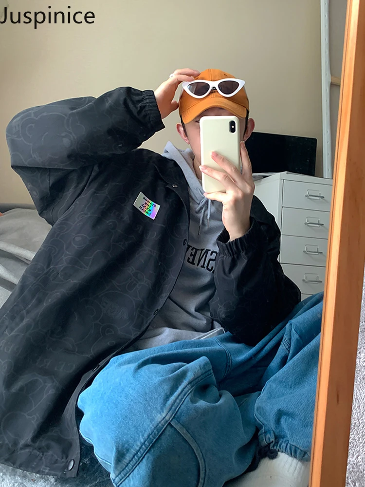 

Juspinice 2022 Spring Autumn Japanese Streetwear Black Casual Lapel Jacket Men Clothing Bear Print Couple Coat Harajuku Loose