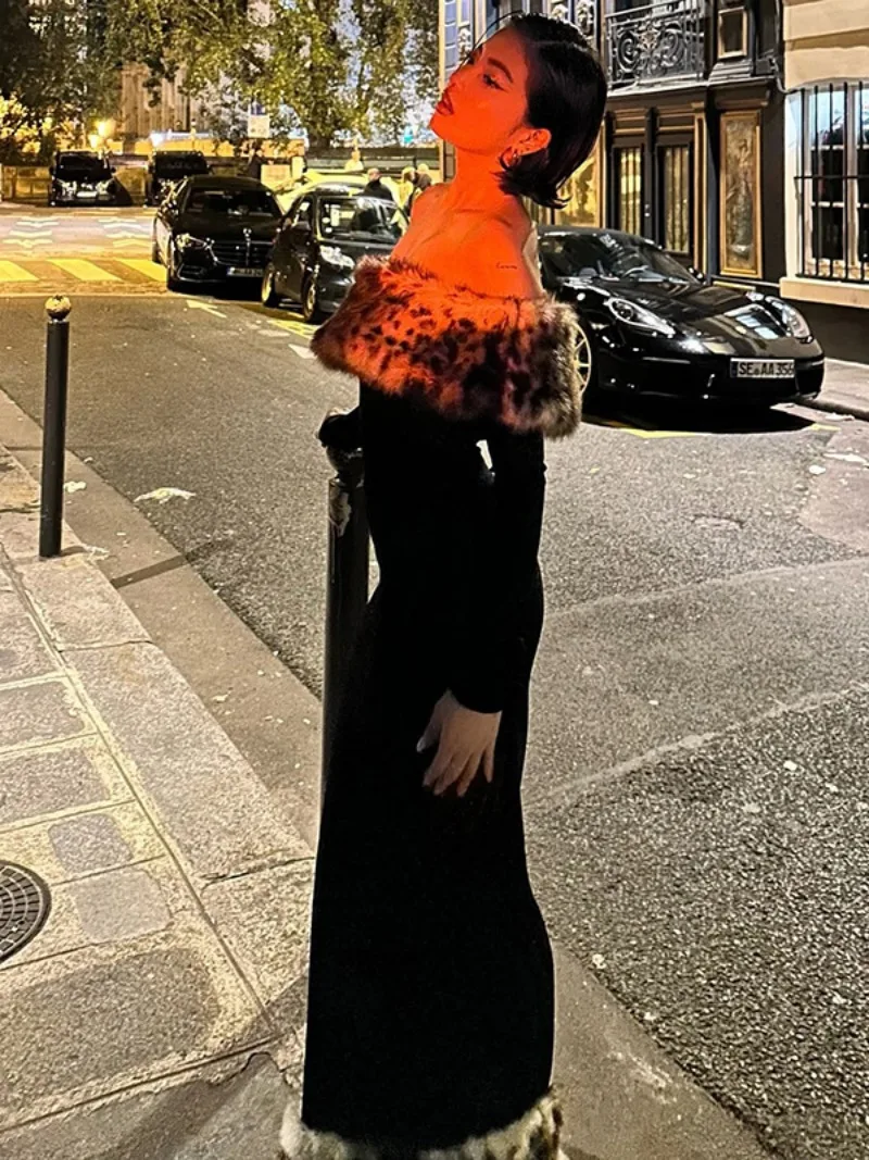 Элегантное лоскутное платье с леопардовым принтом из искусственного меха